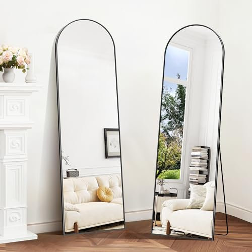 BONEWEI Bogen Ganzkörperspiegel, 150x40cm Gewölbter Standspiegel, Schwarz an der Wand montiert, lehnend, Bodenspiegel Ganzkörper, Großer Wandspiegel mit MetalleRahmen für Wohnzimmer, Schlafzimmer