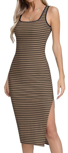Missufe Vestido de verano para mujer, vestido midi bodycon con hendidura de rayas ajustadas, marrón, S
