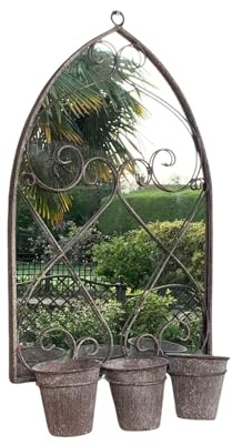 AcaciaHome Vintage Rusty Metal Wall Mirror with Triple Planter 3 Pots Holder - 70cm Arch Design, Indoor/Outdoor Large Garden & Patio Décor for Living & Garden Spaces (1, Vintage Floral Style)