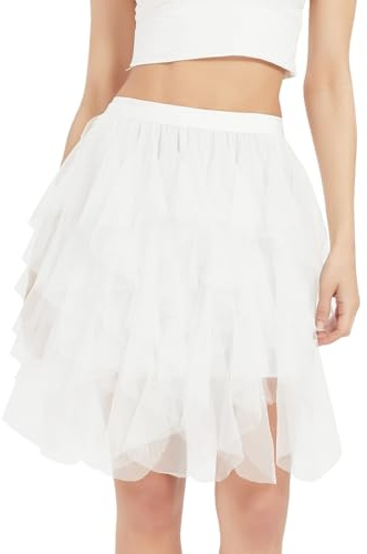 Monbessi Tulle Skirts for Women-Teens Irregular Multi-Layered Tutu Skirts with Lining for Halloween Party Daily, Knee Length(L, White)