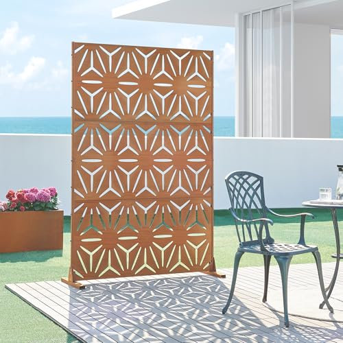 casa.pro Pannello Divisorio Decorativo in Acciaio Corten 180x120 cm Frangivista a Motivo Raggi Floreale Separé Paravento per Giardino Balcone Soggiorno - Marrone Ossidato