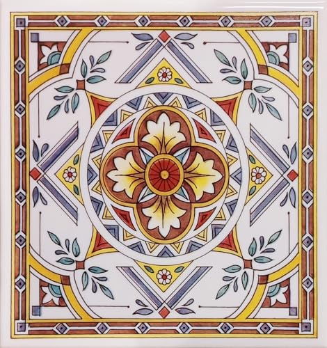 Piastrella decorativa da parete in ceramica con gioiello mediterraneo, 15 cm x 15 cm, motivo floreale mandala, multicolore, decorata a mano nel Regno Unito