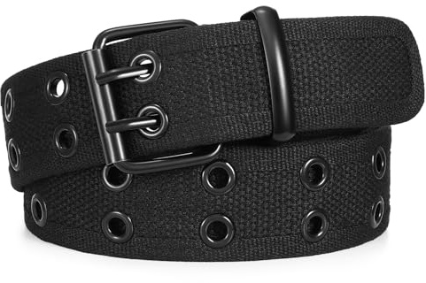 JASGOOD Ceinture Homme Tissu en Toile Double Oeillet Réglable Ceinture Punk Unisexe Style Double Boucle pour Jeans Pantalon,Noir(boucle noir),Taille moins de 102cm(Longueur 120 cm)