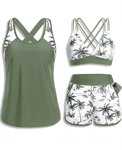 Daci Women 3 Piece Tankini Swimsuits - Tummy Control Tank Top with Bra Modest Bathing Suit with Pockets Boyshorts Bottom 2025