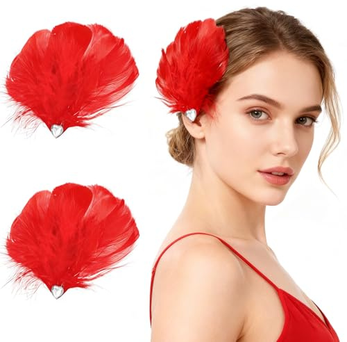 MWOOT 2 Pinzas para el Cabello Pluma para Disfraz Carnaval, Adorno Cabeza Pluma Roja para Mujeres y Niñas, Horquillas Vintage con Strass para Boda, Compromiso, Halloween, Fiesta de Cosplay