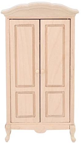 Dollhouse Miniature Wardrobe, 1/12 Scale Double Door Dolls House Closet, Wooden Miniature Armoire with Traditional Design for Bedroom Living Room, Dollhouse Furniture