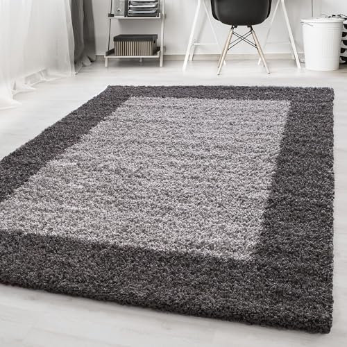 Carpetsale24 Hochflor Teppich Shaggy mit Bordüre 80x150 cm Grau, 2-farbig, flauschig & weich, modernes Design, rechteckig, ideal für Flur oder Kinderzimmer