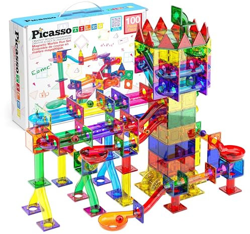 PicassoTiles Marble Run 100 Piece Magnetic Tile Race Track Toy Play Set STEM Building & Learning Educational Magnet Construction Child Brain Development Kit Boys Girls Age 3 4 5 6 7 8+ Years Old Toys