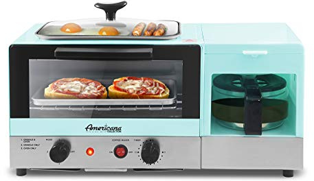 Elite Gourmet Americana 2 Slice, 9.5 Griddle with Glass Lid, 3-in-1 Breakfast Center Station, 4-Cup Coffeemaker, Toaster Oven with 15-Min Timer, Heat Selector Mode, Blue