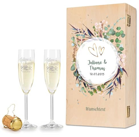 Leonardo Sektgläser mit Gravur von Namen & Datum im - Flower Wedding Design - als Geschenk zur Hochzeit, Verlobung oder zum Jahrestag - inkl. bedruckter Vintage-Holzkiste - das Hochzeitsgeschenk