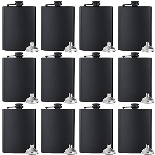 BALABALA Hip Flasks for Liquor for Men Women 12 pcs 8Oz Matte Black Stainless Steel Flask with 12 pcs Funnels for Wedding Party Groomsman Bridesmaid Birthdays Gift