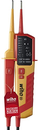 Wiha Tester di tensione e continuità 1500 V, CAT IV con 2 batterie AAA, indicatore LED, test con una sola mano (45216), rosso/giallo