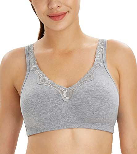 Lemorosy Comfort Plus Size Women's Lace Cotton Bras Full Coverage Non-Foam Wireless Underwear(Grey,40E)