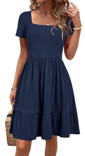 Newshows Women's 2026 Summer Dress Square Neck A Line Flowy Beach Vacation Sundress Semi-Formal Work Business Teacher Outfits with Pockets(Navy,L)
