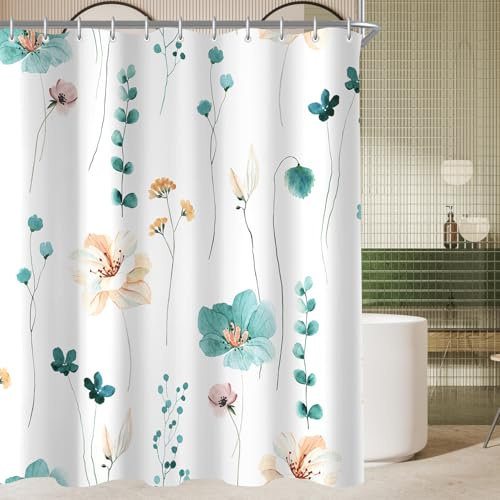 Lerores Duschvorhang 240x200 cm Teal Blume,Beschwerter Saum Antischimmel,Wasserabweisend, Waschbar Polyester Badevorhänge mit 16 Ösen und Duschvorhangringe für Badezimmer,Badewanne