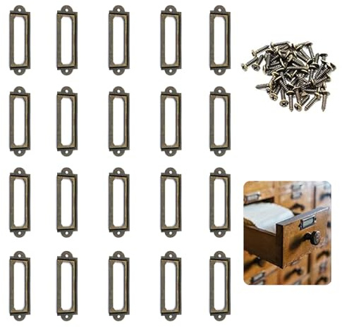 20Pcs Portable Metal Label Holder Furniture Cabinet Card Holder Vintage Unique Shelf Card Holder Brass Metal File Tags for Office Library Bookshelf