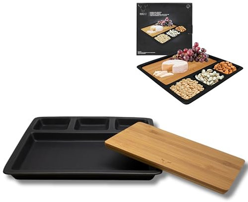 WAYU - Tabla para Aperitivos. Cuatro Cuencos de cerámica y Bandeja de Bamboo extraíble. Fuente para Servir quesos, Frutos Secos, Salsas, Aceitunas, Embutidos y más. Original Regalo para Navidad.