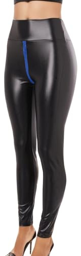 Generisch Faux, leggings da donna con vita elasticizzata, pantaloni alti in similpelle, chiusura lampo, pantaloni da lavoro invernali, Blu, S