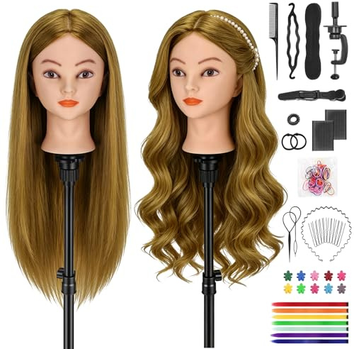 TwoWin 26 pouces Tête Mannequin Coiffure 80% Cheveux Naturels, Tête à coiffer avec Support de pince de Table + Kit Tressage - Idéal pour Salon, École et Pratique Maison (Marron Clair)
