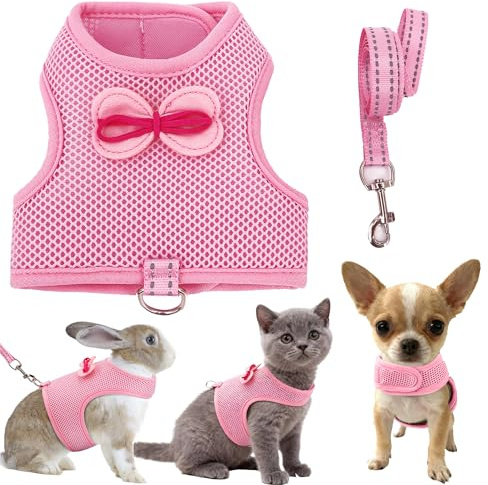 AIITLE Harnais réglable pour lapin avec nœud mignon - Gilet respirant, boucles anti-fuite, laisse réfléchissante - Convient pour lapins, hamsters, mini animaux domestiques, rose, taille L