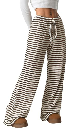 Akiooue Wide Leg Trousers,Elasticated Waist Breathable Walking Brown Trousers for Women Stretch Loose Fit Striped Baggy Ladies Pants
