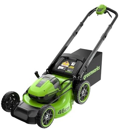 Greenworks 48V (24V x 2) Cortacésped de batería Li-Ion Autopropulsada 46cm Ancho Corte hasta 440m² 55L recogedor de Hierba 8 Veces Ajuste Altura Corte Central 25-95mm Sin Batería y cargador-LM4602S