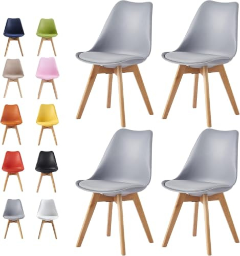 mcc direct Set of 4 Retro Dining Chairs with Wooden Legs, Soft Cushion Pad - Stylish Lounge & Office Chair - Eva (Grey)