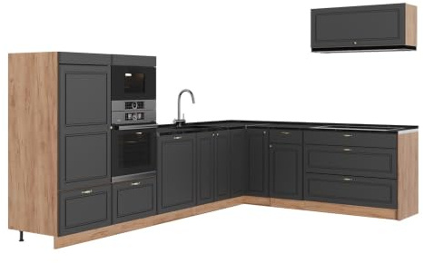 Vicco Hörnkök Fame-Line, Herrgård i antracitguld/Goldkraft ek, 327 x 227 cm utan bänkskiva, för individuell expansion med kompatibla moduler