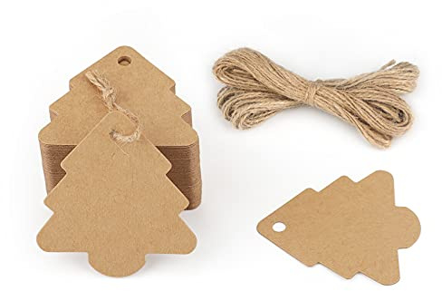 jijAcraft Christmas Tags, 100Pcs Christmas Tree Shape Tags with String, Blank Gift Tags, Kraft Paper Tags, Christmas Hang Gift Tags for Presents, Gift Bags Wrapping, Christmas DIY Crafts
