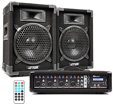 MAX8 8 Passive DJ PA Speaker System with Vonyx Amplifier, 2 Speaker Stands & 2x 6m Cables – Complete 800W DJ Speaker Kit for Events, Parties, Karaoke, Live Sound, Home Use