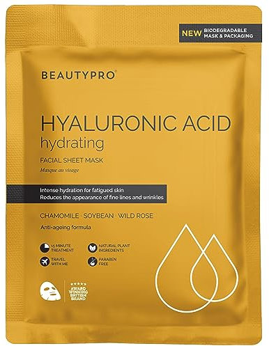 BEAUTYPRO HYALURONIC ACID Face Mask Hydrating Anti-Ageing Anti-Inflammatory Bamboo Sheet Mask Natural Moisturising Korean Vegan Skincare 100% Biodegradable Multi Award Winning