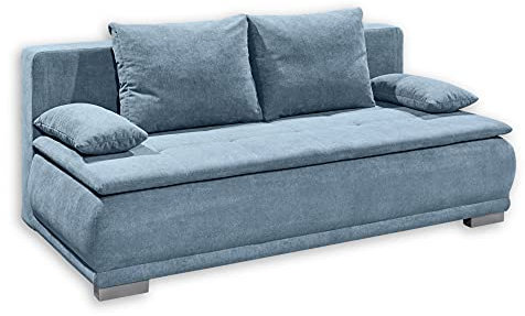 Stella Trading LUIGI Bequemes Schlafsofa mit Bettkasten, Stoffbezug Denim - Klappbares Sofa mit Schlaffunktion und fest vernähtem Schaumtopper - 211 x 93 x 103 cm (B/H/T)