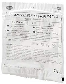 DEALFA Compresse TNT Piegate Sterili - 10x10 cm - 4 Strati - Morbide, altamente Assorbenti e Resistenti - Monouso - Busta Singola da 5 Pezzi. Confezione da 25 Buste