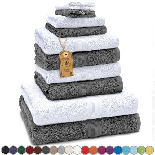 GREEN MARK Textilien 10 TLG. FROTTIER Handtuch-Set mit verschiedenen Größen 4X Handtücher, 2X Duschtücher, 2X Gästetücher, 2X Waschhandschuhe - Premium Qualität (10 tlg. FROTTIER SET, Anthrazit/Weiss)