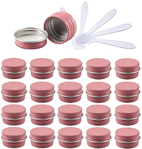 ZEOABSY Pack of 24, Empty 5ml Pink Aluminium Tins with Screw Lids Round Cosmetics Containers Pots Storage Jars for Lip Balm DIY Candle Salve Powder Crafts with 6 Spatula