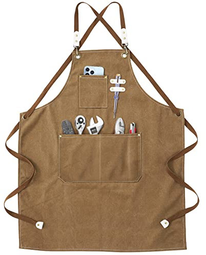 Onezebra Tablier de travail - Tablier de soudage avec sac à outils, sangle croisée réglable au dos pour hommes et femmes, parfait pour le jardin, la cuisine, le garage 78 * 57(Marron)