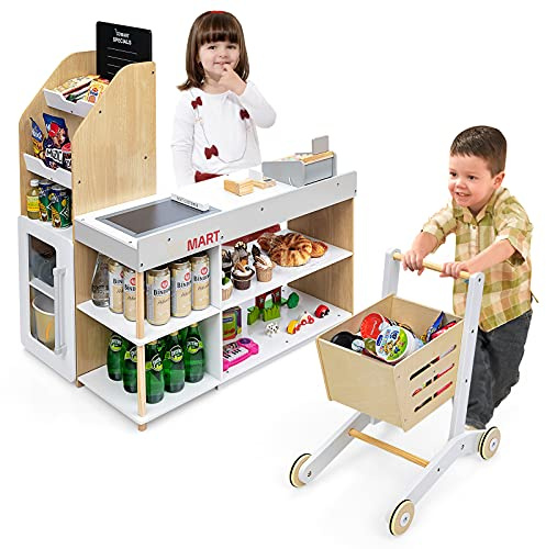 GOPLUS Juguete de Supermercado Infantil, Juguetes de Tienda para Niños de Madera, con Carrito de Compra, Caja Registradora con Pistolas de Lectura y Máquinas de Tarjetas, 90 x 62 x 111 cm