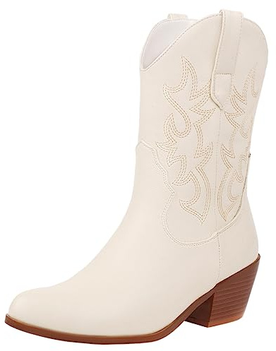 rismart dam cowboystövlar västerländska stövlar mitten kalv broderad cowgirl skor, Beige, 35 EU