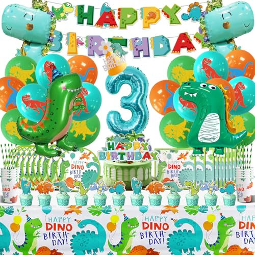 Dino Födelsedagsdekoration ballonger 104 st, dinosaurie barnfödelsedag, dekoration 3 år, dinosaurieballonger för pojkar flickor födelsedag, djungel dino, festservis set med papperstallrikar servetter