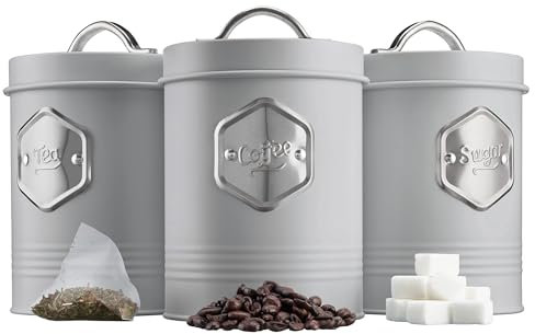 Cooks Professional 3 Piece Tea Coffee Sugar Cannister Set | Labelled Storage Tins | Containers with Airtight Lids | Canisters for Kitchen Accessories & Essentials | Grey & Silver