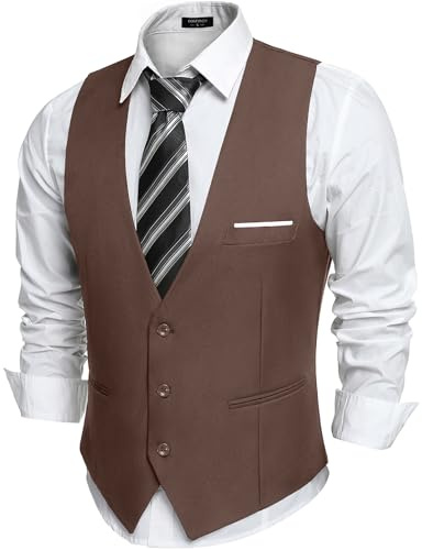 COOFANDY Gilet da Abito Uomo Formale Scollo a V Slim Fit Panciotto Matrimonio Casual Con Tasche Marrone XXL