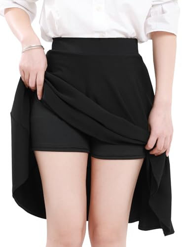 tanzdunsje Jupe pour Femme, Jupe avec Pantalon, Jupes Basiques pour Femme, Jupe au Genou avec 2 Poches latérales, Jupes de Couleur Unie, Taille élastique, Noir, S