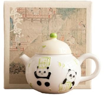 100Ml/3.5oz hand-painted carved panda wealth pot, Dehua white porcelain mini pot - (smooth) round pavilion pot [ box]