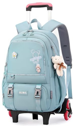 Amythe Schulrucksack Trolley Mädchen, Schultasche mit Rollen, 6 Räder,Schulranzen mit Anhänger für Mädchen Teenager 9-18 Jahre, Abnehmbarer Schultrolley für Schule Reisen, Blau