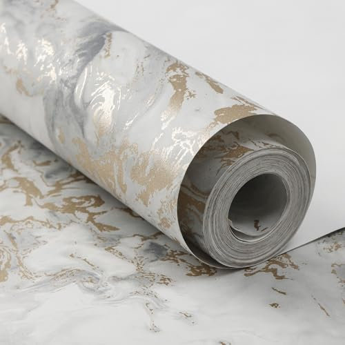 Pamatio Marble Textured Glitter Effect Wallpaper Non-Woven Modern Luxury Silver Gold Vintage Classic Swirl Pattern - Slightly Shiny Effect - for Bedroom Adults Living Room Corridor Wallpaper, 9.5m
