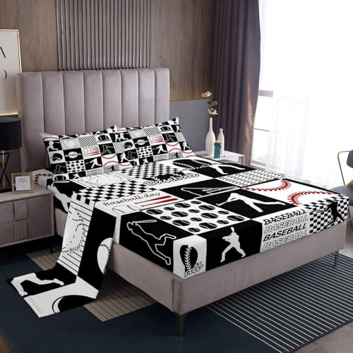 Homewish Boys Baseball Sheet Set Ball Sports Double Size Bed Sheets, Patchwork Baseball Bat Glove Games Player European Sport Softball Fan Bedding Set,Black Red