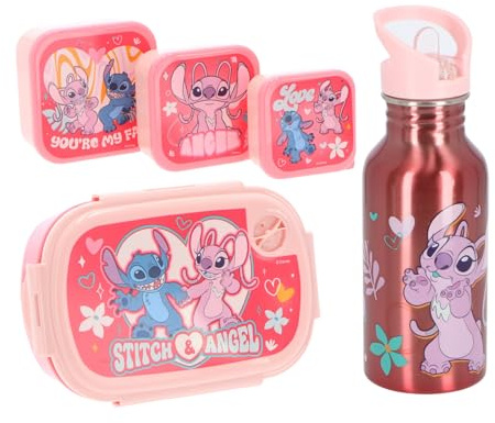 Lilo and Stitch - Lunchset för barn, 5 delar, med matlåda, 3 snackskålar och vattenflaska, rosa set för flickor, perfekt för skola, förskola och utflykter