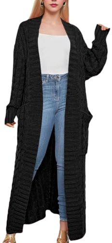 Minetom Gilet Long Femme Pull Tricot Cardigan Automne Hiver Manches Longues Chaud Pull Manteau Veste Longue avec Poches A Noir M