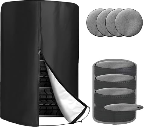 JNXIJ Tire Cover with 4 Felt Pads, Waterproof 420D Oxford Spare Tire Storage Bag with Zipper, Heavy Duty Tyre Stack Dust Protective Cover for Trucks SUVs Trailers, Car Accessories