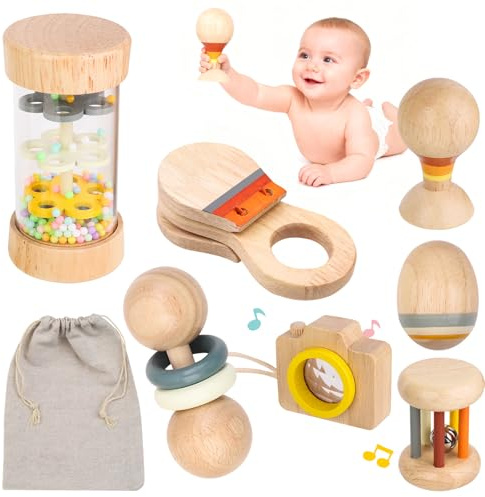 Sonajeros Montessori de Madera para Bebé, 7 Piezas Sensoriales, 0+ Meses